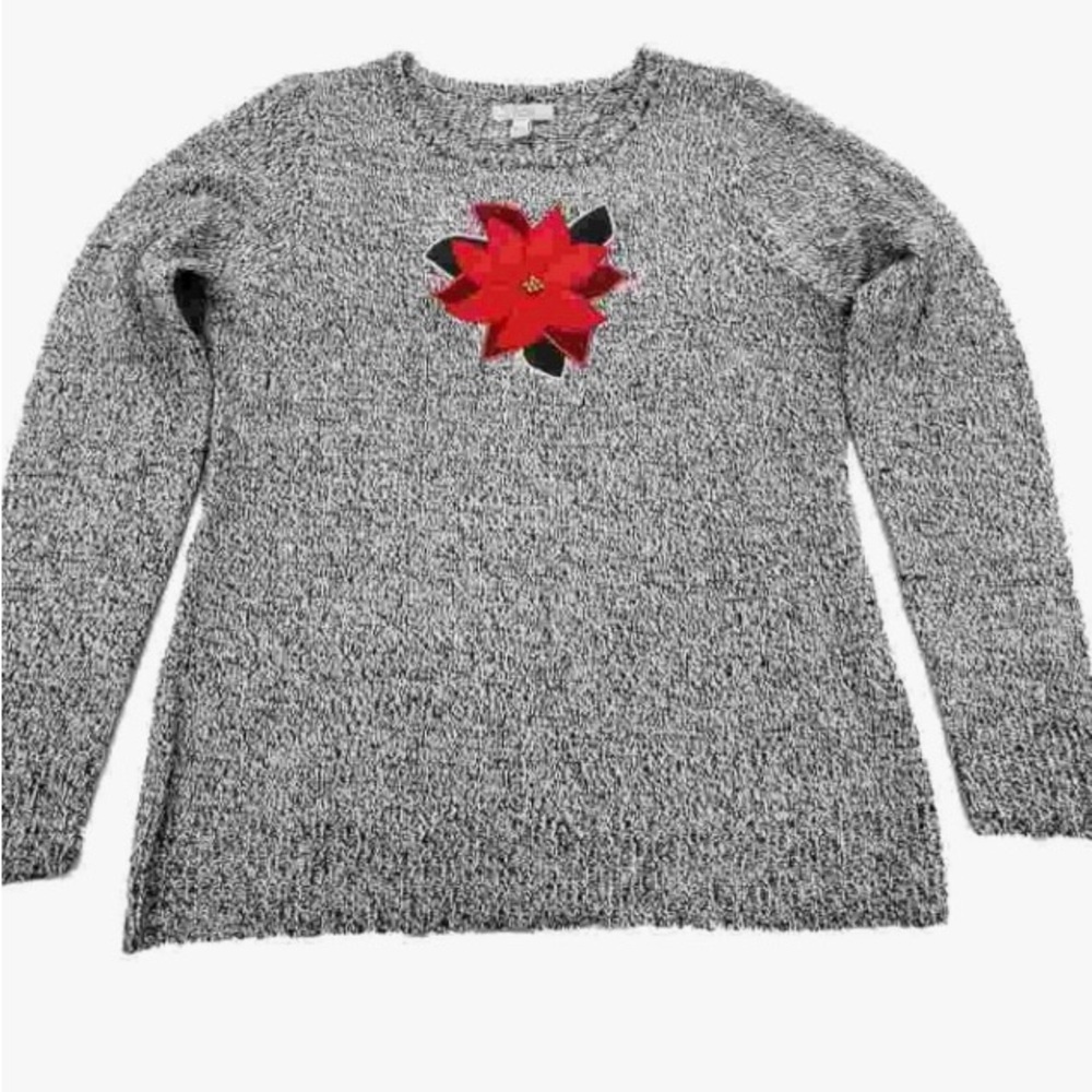 Croft & Barrow Women’s Black and White Red Poinsettia long sleeve sweater size M
